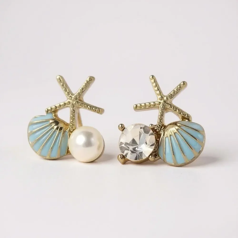 Anthropologie Seashell Starfish Earrings Mismatch Blue Gold Pearl CZ Mermaidcore